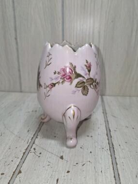 Vintage Napco Cracked Egg Vase Roses Porcelain Gold Trim Hand Painted Footed